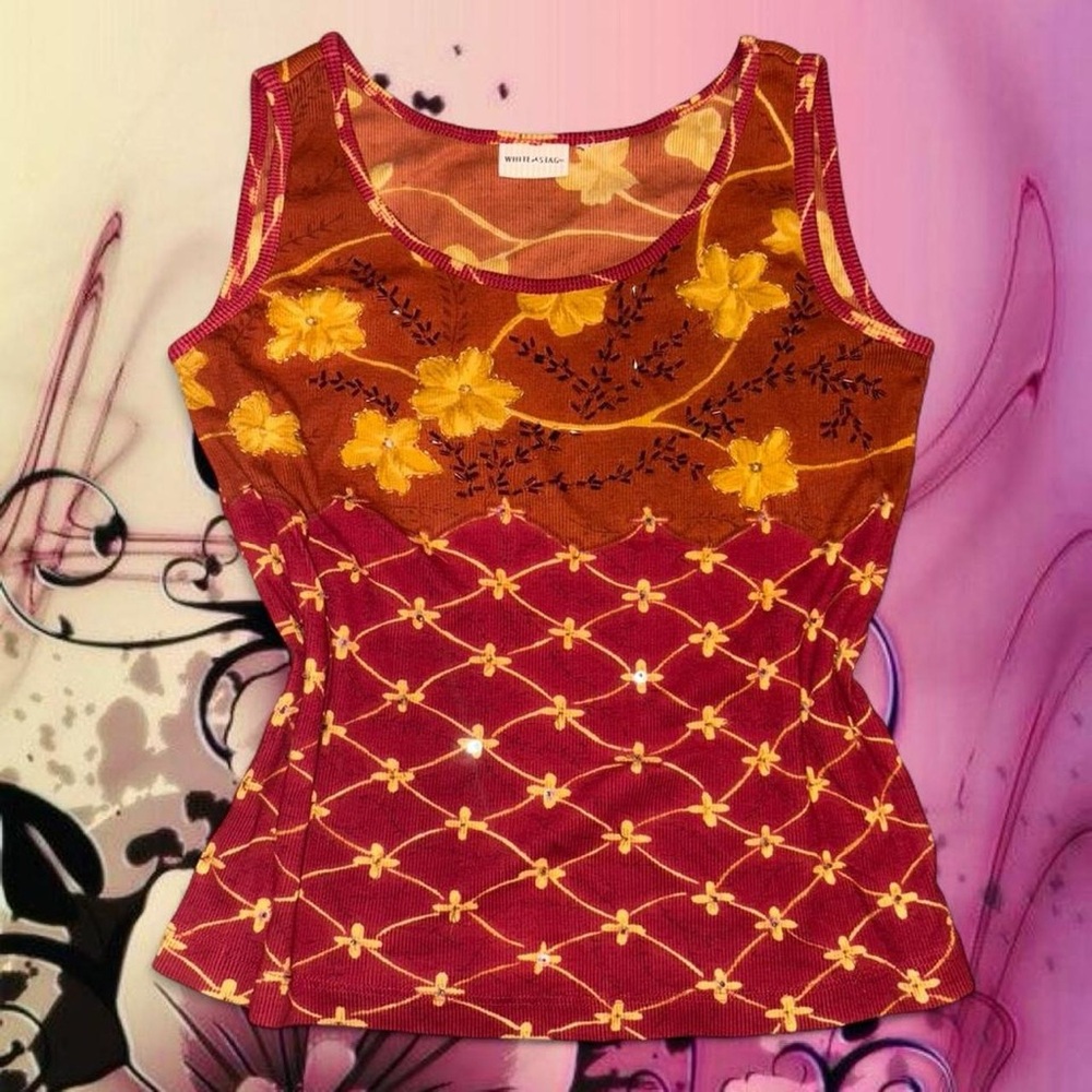 vintage 90s beaded sequin floral tank top - white stag, fits like sm